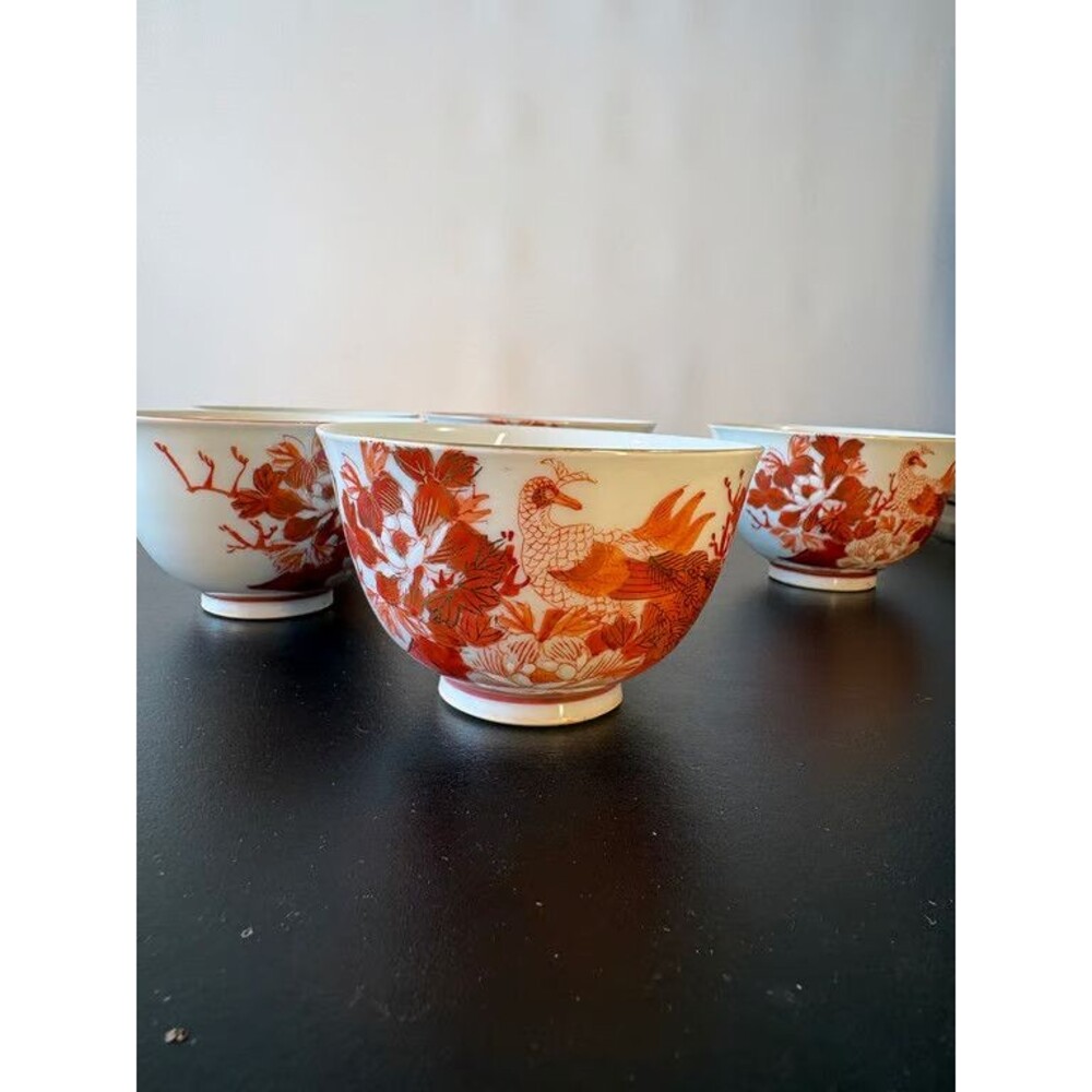 Kutani Porcelain Bowl and 5 Cups Set Red Aka-e Phoenix Gold Rim Japan Mark